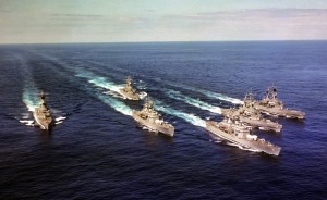 An aerial starboard bow view of six nuclear-powered guided missile cruisers underway in formation during exercise READEX 1-81.  The ships are, from left to right:  USS TEXAS (CGN-39), USS MISSISSIPPI (CGN-40), USS CALIFORNIA (CGN-36), USS SOUTH CAROLINA (CGN-37), USS VIRGINIA (CGN-38) and USS ARKANSAS (CGN-41).